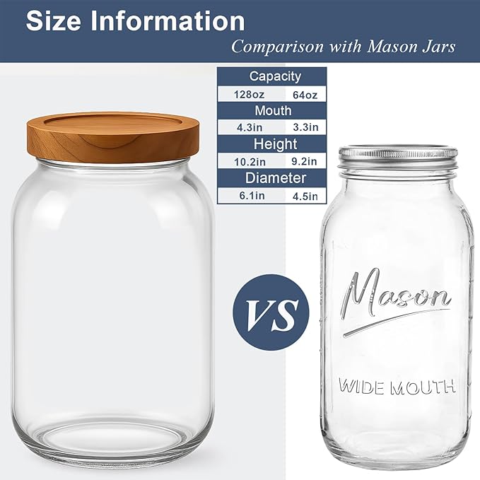 2 Pack Glass Flour Sugar Storage Containers with Acacia Wooden Lid, 1 Gallon Glass Jars with Airtight Lid, Wide Mouth Large Mason Jars 128oz for Rice, Pasta, Oats, Coffee Storage