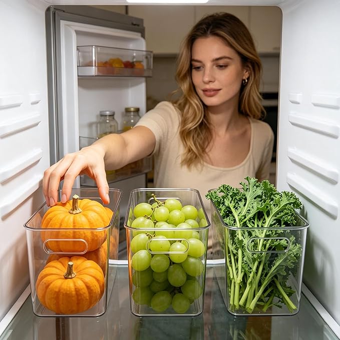 Freezer Storage Bins 4-Pack - Stackable Plastic Organizer with Handles for Refrigerator, Pantry & Kitchen Cabinet, for Frozen Food, Meat & Veggies (A# S, 4 Pack)
