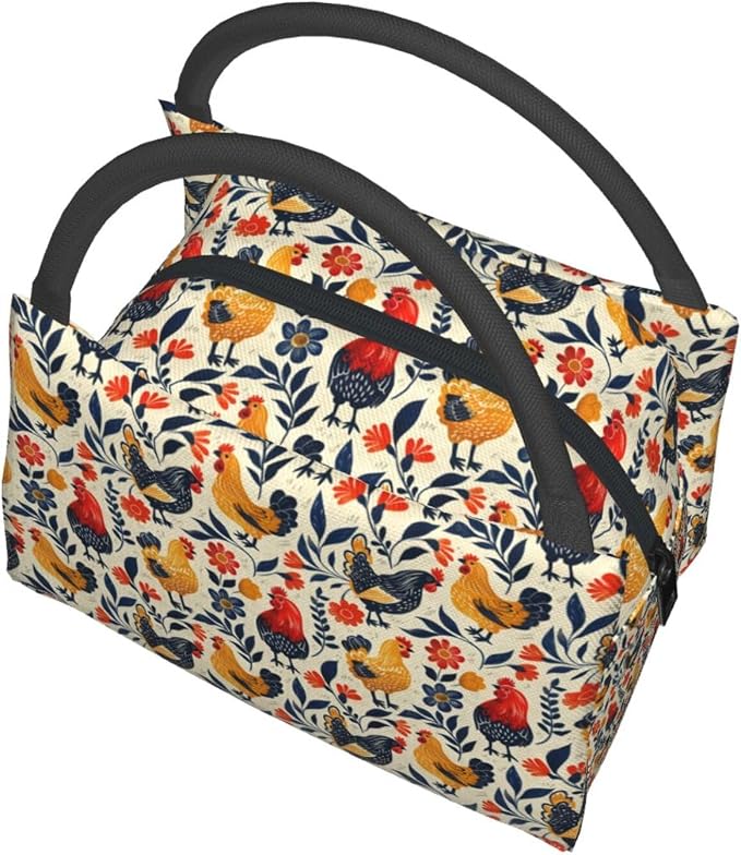 Colorful Farm Chicken Lunch Box for Women Girls Kids Insulated Cartoon Rustic Chicks Lunch Bag for Work Picnic Camping Travel Gifts Large Capacity Cooler Thermal Reusable Tote Makeup Bags