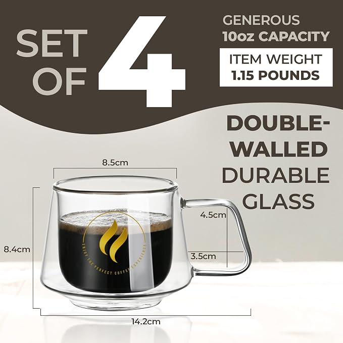GLORAMA Double Walled Glass Coffee Mugs - 10oz Coffee Mugs for Tea, Espresso, & Cappuccino - Freezer & Microwave Safe Coffee Mugs Set of 4