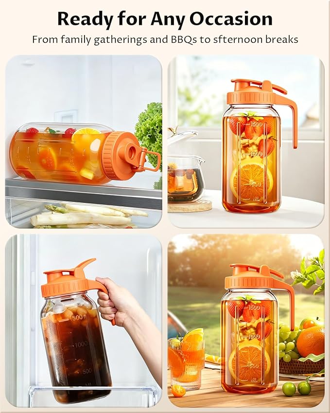 Glass Pitcher with Airtight Lid and Spout, 64oz Mason Jar Pitcher - Wide Mouth, Leakproof Water Jug for Juice, Sun Iced Tea, Cold Brew Coffee, Milk Storage, Orange