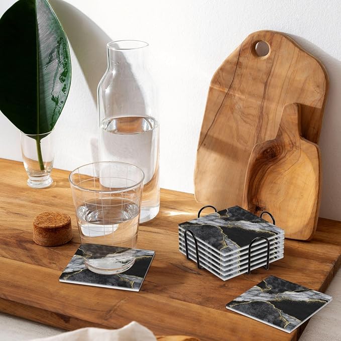 Luxury Black Grey Marble Square Ceramic Coasters Set of 6 Pack, Dark Gray Golden Ink Granite Texture Stone Drink Coaster with Cup Holder Anti-Scratc Cork Backing Bar Kitchen Home Housewarming Gift