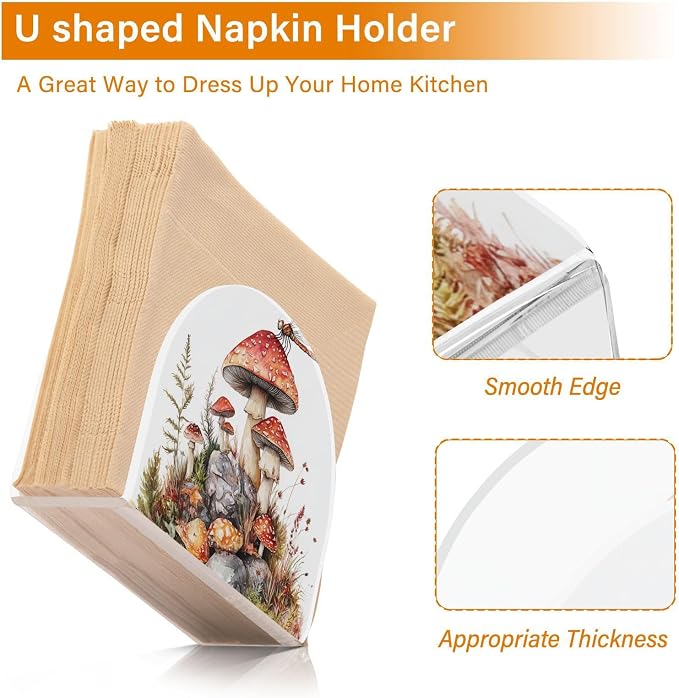 Fustylead Watercolor Cute Mushrooms Dragonfly Napkin Holder for Table Acrylic Cocktail Napkin Holders Small Decorative Napkin Dispenser for Home Party Holiday Dining Kitchen Accessories