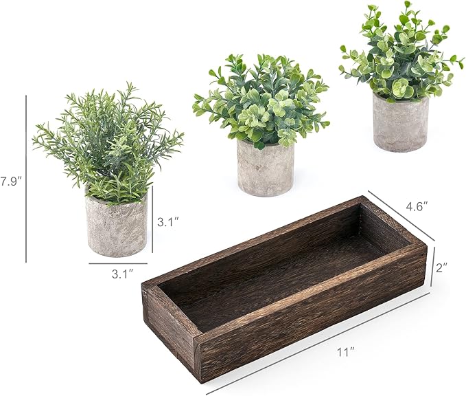 Dahey Centerpiece Table Decorations for Dining Room and 3 Pack Mini Potted Artificial Eucalyptus Fake Plants with Wood Tray Centerpiece Table Decor Farmhouse Decor for Coffee Table Dining Room Office