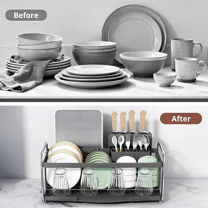 Compact Small Dish Drying Racks for Kitchen Counter - Narrow Metal Dish Drainer Rack with Utensil Holder, Space-Saving Plate Organizer for Sink Storage, Apartment & RV (Grey)