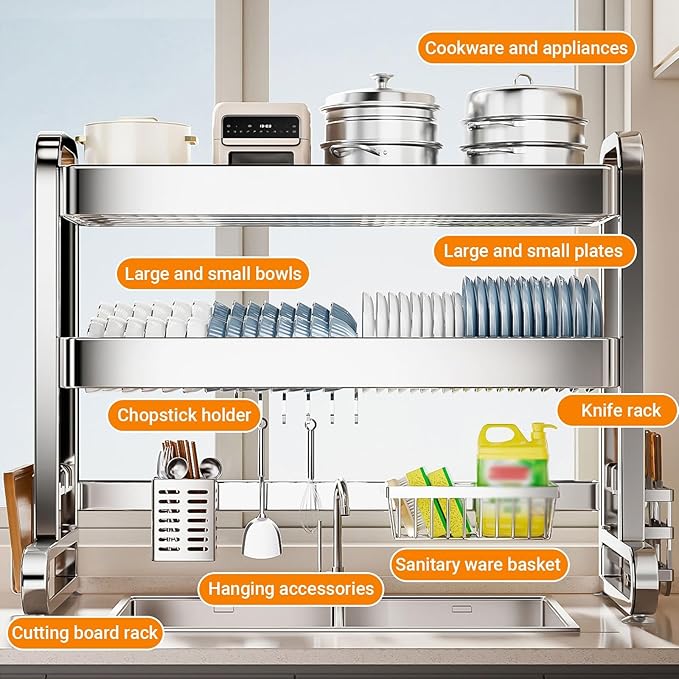 Over The Sink Dish Drying Rack, 304 Stainless Steel 2 Tier Racks, Drainer Drying Rack Kitchen Counter,strainers for Kitchen, Glasses(76cm/29.9in)