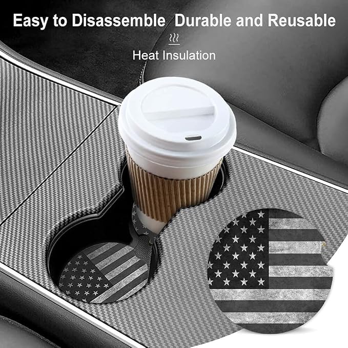 Black Grey American Flag Absorbent Cup Holders Car Coasters,Ceramic Stone Drinks Coaster Set for Women Man 2.56"(2 Pack)