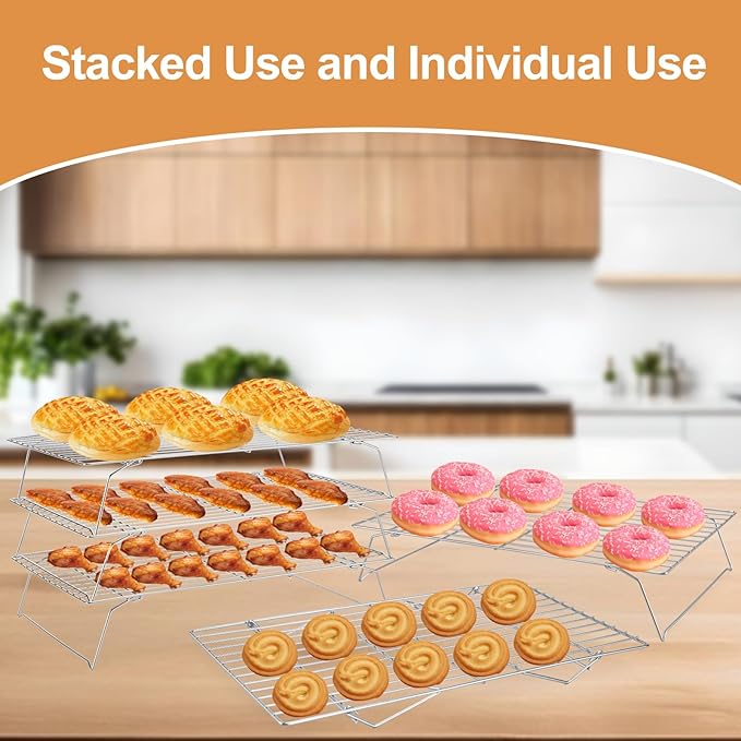 Cooling Rack for Baking 3 Tiers, 16" x 10" Cookie Cooling Wire Rack Stackable Collapsible Nonstick, Stainless Steel Baking Cooking Cooling Racks with Optimum Air Flow, Silver