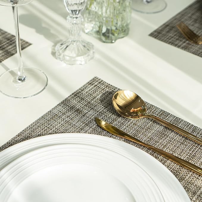 Placemats Set of 6 Vinyl/Plastic Woven Place Mats for Kitchen Table Indoor/Outdoor Washable Placemat Wipeable Dining Table Mats (Brown,6)
