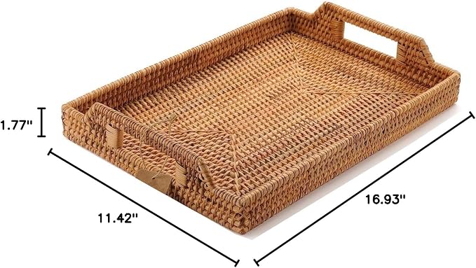 Handwoven Rattan Serving Tray with Handles – 17" Rectangular Wicker Tray for Coffee Table, Breakfast, Drinks, Fruit, Snacks, Ottoman & Kitchen Counter Decor