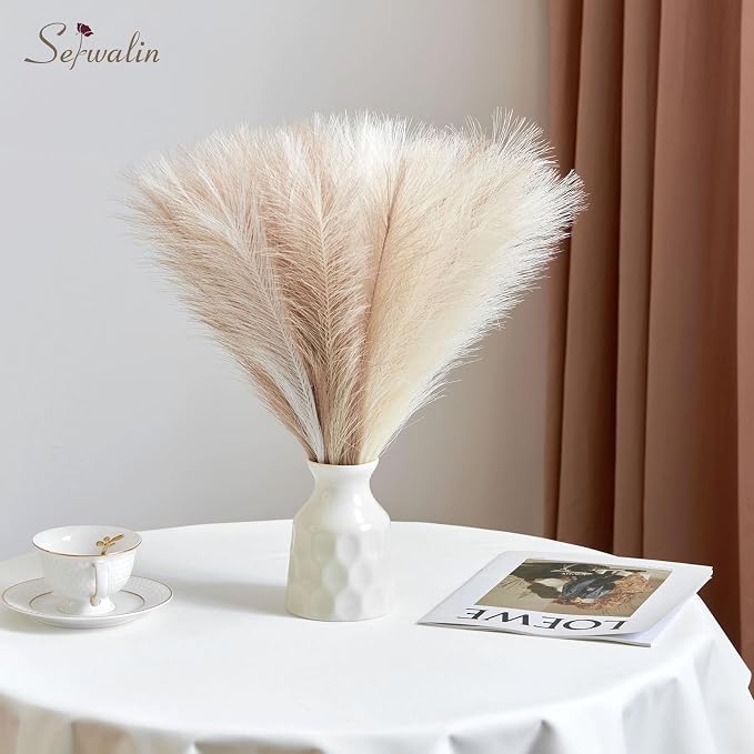 Serwalin 𝟲𝟬pcs Pampas Grass Decor, 𝟭𝟳.𝟳Inch Pampas Grass Home Decor, Faux Pampas Grass Bulk Boho Decor, Artificial Fake Flowers Fluffy, Vase Filler Faux Pampas Decoration Ivory Beige Sand