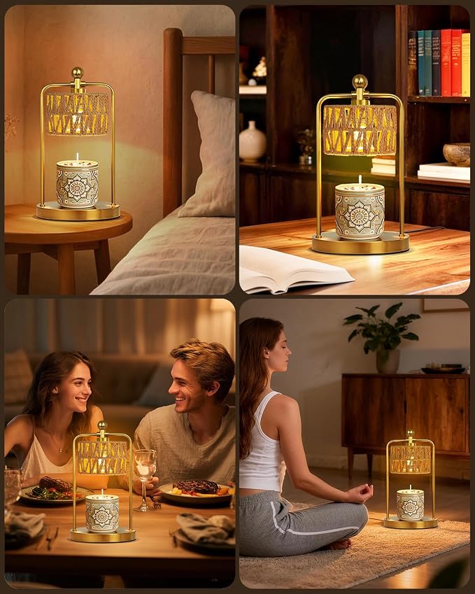 Candle Warmer Lamp with Timer Dimmer, Candle Warmer for Jar Candles Lights, Boho Candle Lamp Warmer with 2 Bulbs, Birthday Gifts for Women, House Warming Gifts New Home Decor, Gold