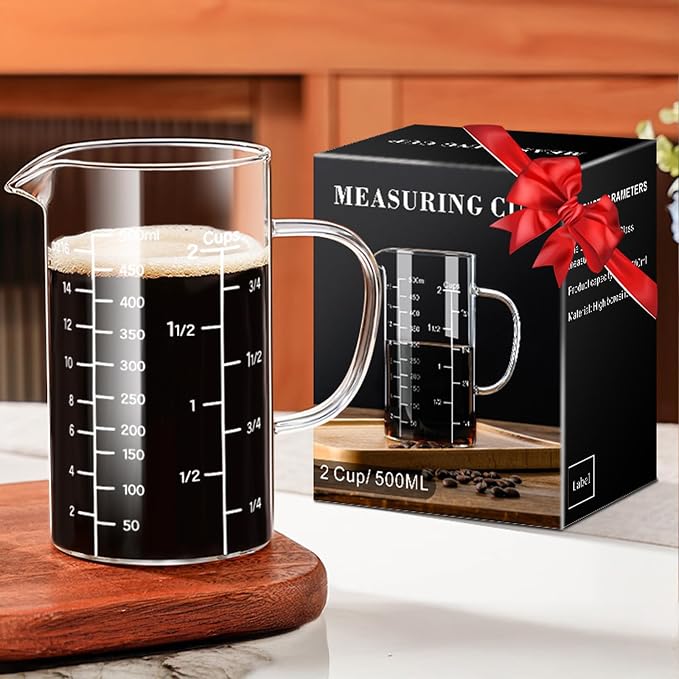 PARACITY 2 Cup Glass Measuring Cup, Liquid Measuring Cups with three Scale and V-Shaped Mouth, Glass Coffee Cups with Handle, Glass Beaker for Kitchen or Restaurant 500 ML