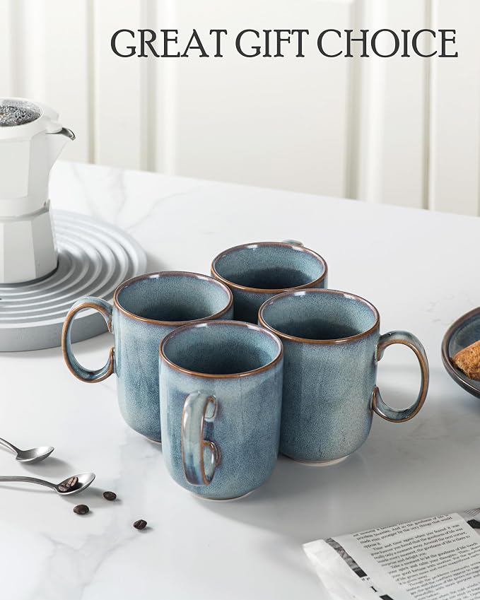UNICASA Coffee Mug - 14 oz Ceramic Tea Cups Set of 4, Porcelain Cereal, Drinking Cups with Large Handle for Coffee, Tea, Milk, Latte and Cocoa, Soup Mug Gift Set for Men & Women - Light Blue