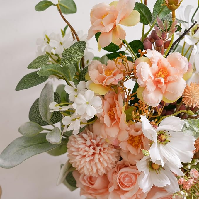 17-inch Artificial Fake Faux Flowers Silk Flower Arrangements Bouquets with Red Berries, Cosmos, Snow Cherry, Chinese Rose, Dandelions, Baby's Breaths, Eucalyptus, Peony, Roses