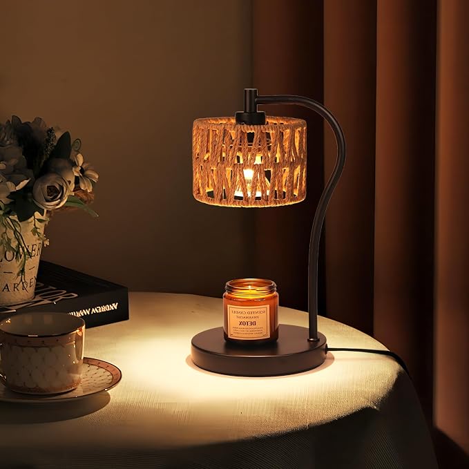 Ruiever Candle Warmer Lamp, Rattan Candle Heater with 2 Light Bulbs, Dimmable and Timer Melt Warmer for Scented Jar Candles Aromatic Holders for Home Room,Bedroom Living Room