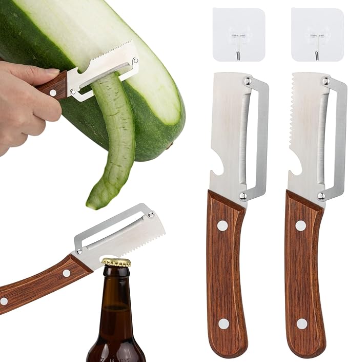 2Pcs Multi-Functional Vegetable Peeler for Kitchen, Premium Vegetable Peeler with Bottle Opener and Wooden Handle,Stainless Steel Blade,Kitchen Peeling Tool for Fruits Potatoes Apples Carrots Zucchini