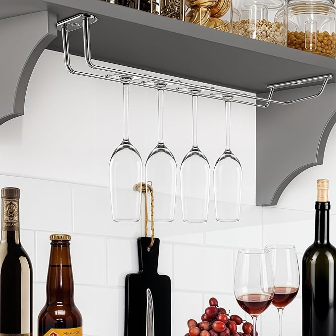 5-Pack Silver Stainless Steel Wine Glass Rack – 13.3” Under Cabinet Stemware Holder for Kitchen, Bar – Durable & Space-Saving Hanging Organizer