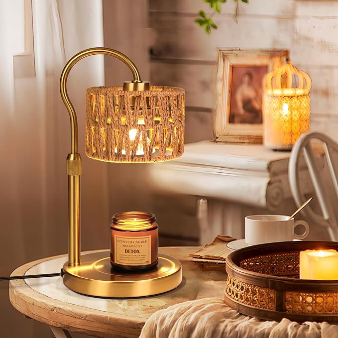 Candle Warmer Lamp,Adjustable Height with 2 Bulbs,Boho Rattan Candle Lamp with Dimmer & Timer, Flameless Fragrance Diffuser for Scented Wax Melts, Mothers Day and Birthday Gifts for Home, Office
