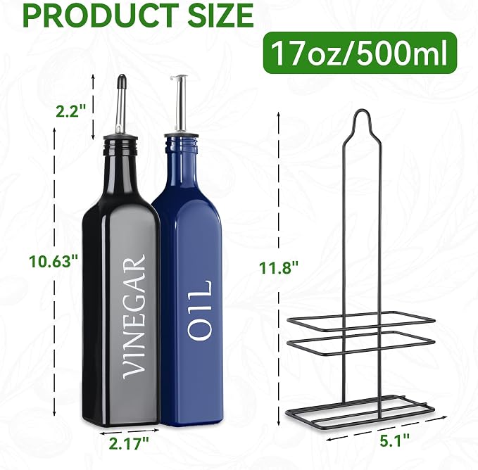 Vakoo Oil and Vinegar Dispenser Set - 17oz/500ml, Extra Thick Glass, Leak-Proof, Olive Oil Dispenser Bottle for Kitchen (Blue Black)