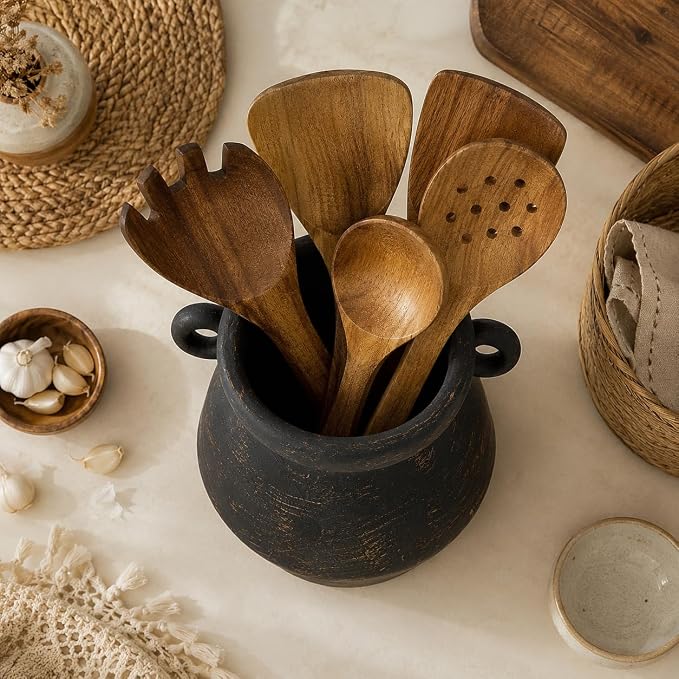 Rustic Utensil Holder for Kitchen Counter, 7.4” Tall x 6.2” Wide Farmhouse Ceramic Utensil Crock, Vintage Black Gold Stoneware Jar, Large Kitchen Utensil Holder, Housewarming Gift