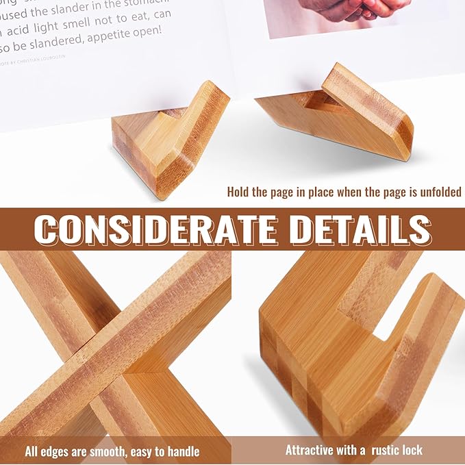 Cookbook Stand for Kitchen Counter, Kitchen Recipe Book Holder, Bamboo Wooden Cookbook Holder, Rustic Cook Bookstand Tablet Stand for Farmhouse Decor for Hardcovers, Magazine(Brown)