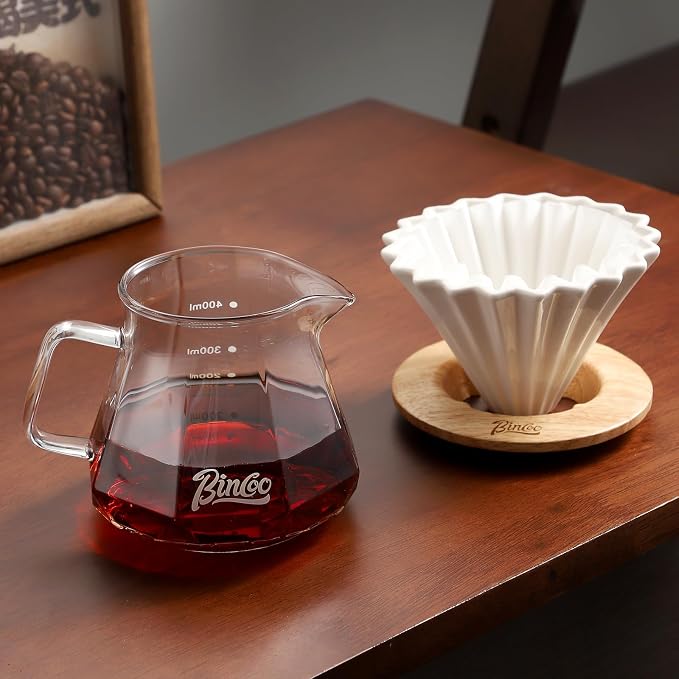 Bincoo 400ML Pour Over Coffee Maker Set with Filter Paper,Ceramic Pour Over Coffee Dripper 1-2 Cups-Professional Coffee Brewing Pot for Home Office(White)