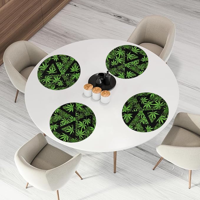 Round Placemats Set of 4, Green Marijuana Leaves Triangle Woven Placemats Mats Non-Slip Heat Resistant Washable Table Mats Round Braided Place for Farmhouse Kitchen Dining Party Decor 15in