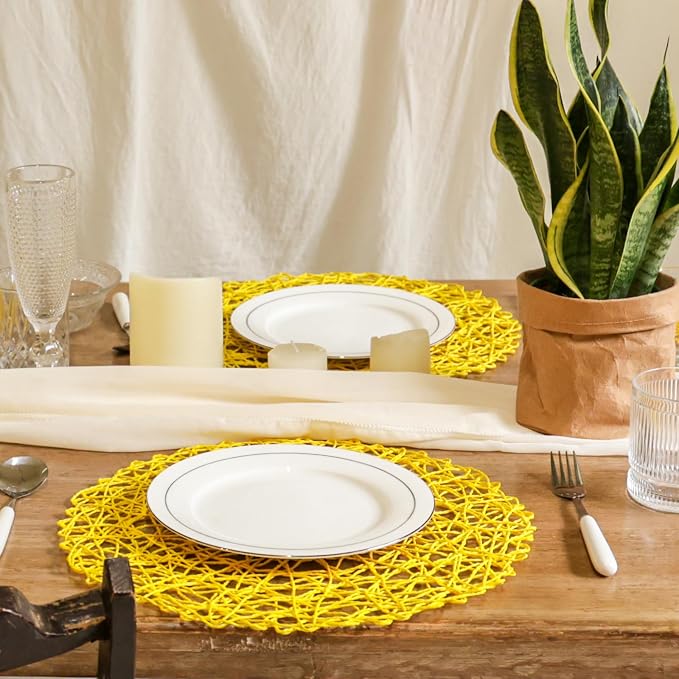 AHHFSMEI Paper Braided Round Placemats Set of 8 Natural Non-Slip Heat Resistant Table Mats for Dining Tables Woven Indoor Outdoor Place mats for(Yellow,8)