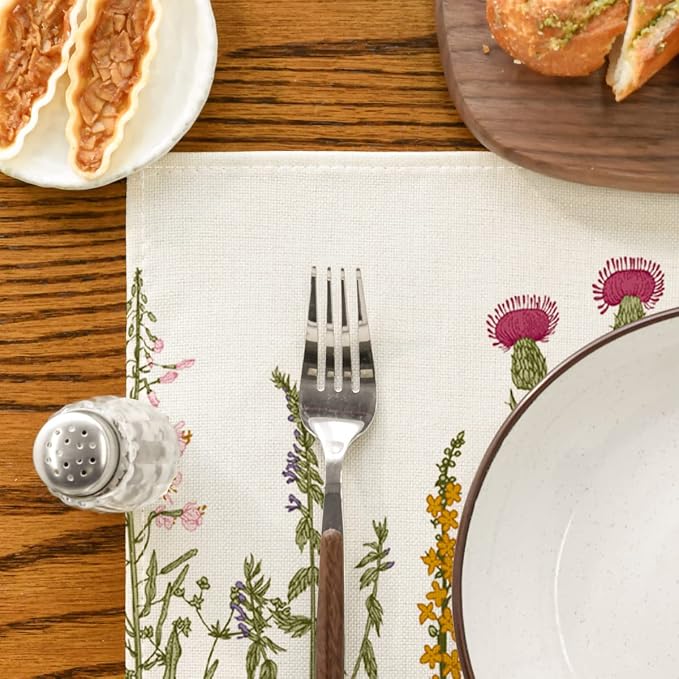 Artoid Mode Antique Herbs and Wild Flowers Summer Placemats Set of 4, 12x18 Inch Seasonal Wildflower Spring Table Mats for Party Kitchen Dining Decoration