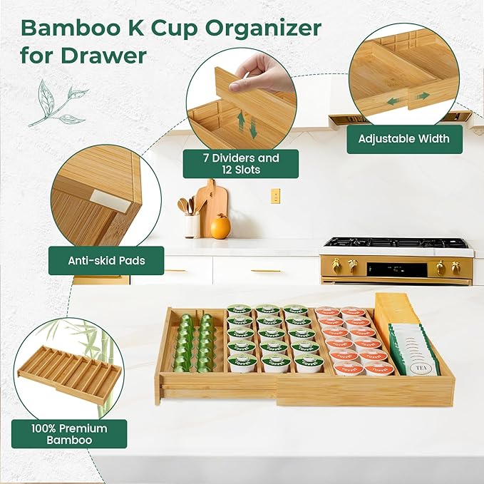 EsLuker.ly Bamboo Coffee Pod K Cup Holder Organizer for Drawer Insert Counter, Expandable Coffee Tea Storage Tray Compatible with Nespresso Vertuo Capsules - Easy Access for Office Home Kitchen