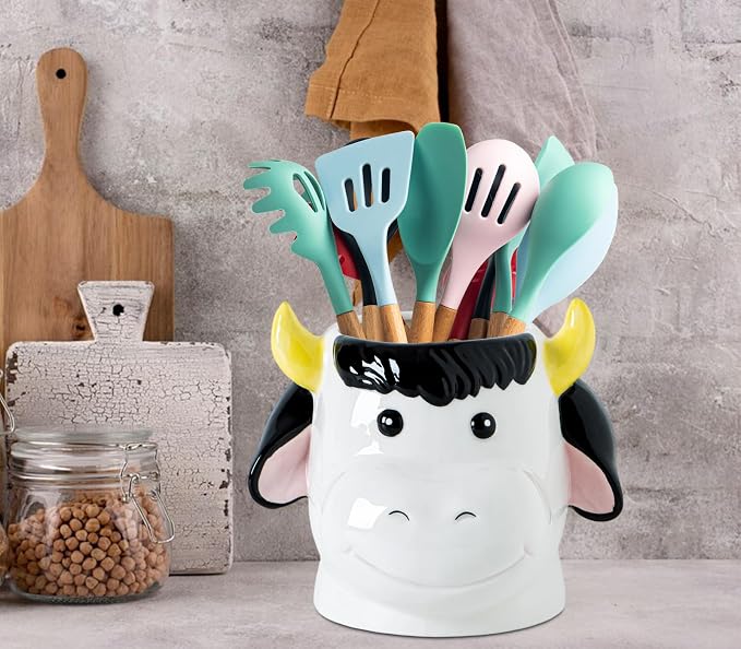 dgudgu Cow Kitchen Utensil Holder For Countertop Ceramic Utensil Crock For Kitchen Countertop, White Pink Decor Cute Farmhouse Storage Organizer For Forks, Spoons & Cooking Tools