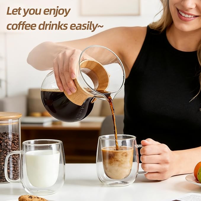 12 OZ Glass Coffee Mug Pack of 6, Double Wall Glass Mug with Handle Insulated Clear Glass Coffee Cup for Espresso, Cappuccino, Latte, Americano, Tea