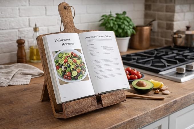 Wedding Cooking Gifts Wooden Cookbook Stand Chopping Board Style Foldable Recipe Book Stand Holder Easel for Kitchen Text Book Tablet L 9.5 x B 1.5 x H 14 inches (Brown)