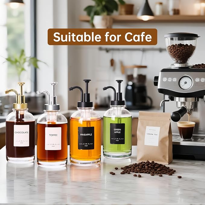 STARSIDE Coffee Bar Accessories 4 Pack - 16.9 oz/500 ml Glass Syrup Dispenser with Leakproof Gold Curved Pumps for Home Coffee, Cafes, Cocktails - Includes 31 Printed Labels, 5 Blank Labels