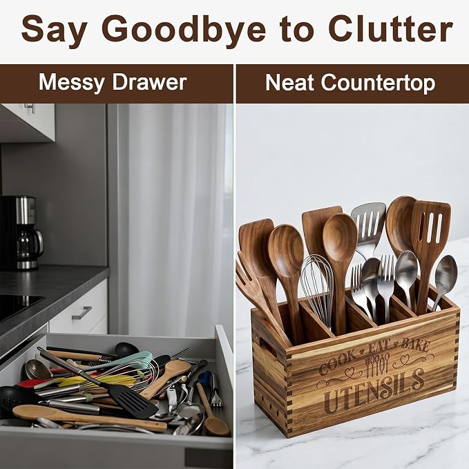 Large Acacia Wooden Utensil Holder for Kitchen Countertop | 4 Compartment Utensils Organizer Kitchen Counter Rustic Farmhouse Utensils Holder for Cooking Tools Storage Spatula Spoon