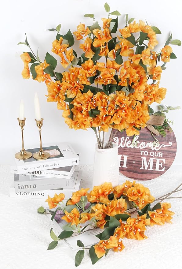 10PCS Bougainvillea Artificial 29.5" Orange Fake Flowers Silk Bougainvillea Vines Faux Bougainvillea Flower Stems Branches for Home Garden DIY Decorations Wedding Centerpieces (Orange)