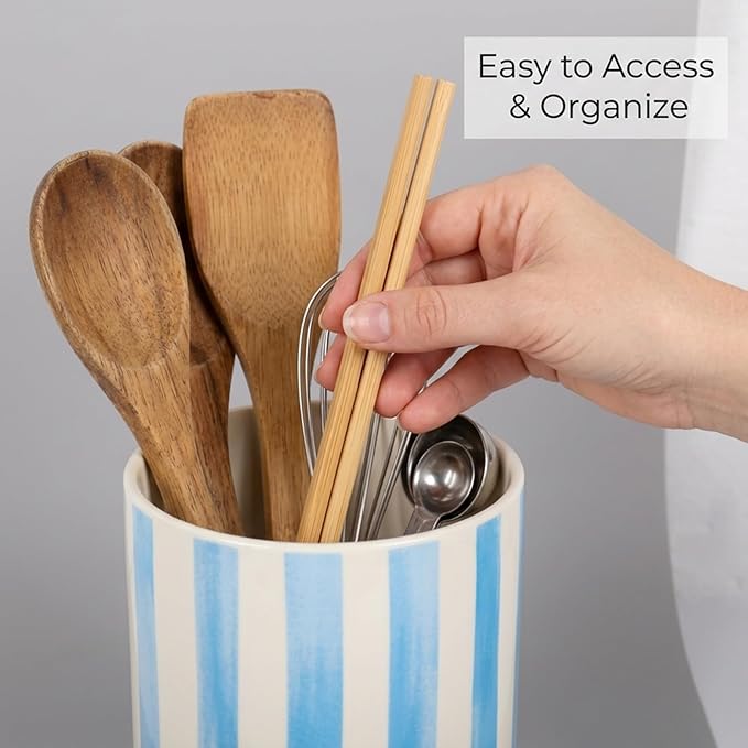 JarThenaAMCS Blue White Stripe Ceramic Utensil Holder Utensil Crock for Home Kitchen Countertop Storage Organizer Container