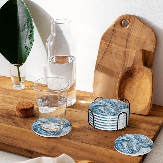 Royal Blue Marble 6Pcs Coaster Set with Holder Round Ceramic Coasters Modern Abstract Teal/Aqua Blue Marbling Absorbent Cup Drink Coasters Set for Modern Coffee Table Bar Wine Beer Stone Coasters