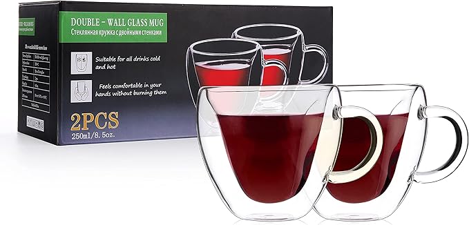 CNGLASS Double Wall Heart Shaped Glass Coffee Mugs 8.5oz,Insulated Clear Tea Cups with Handle,Unique Glass Espresso Mugs for Coffee,Cappuccino,Latte,Milk,Set of 2