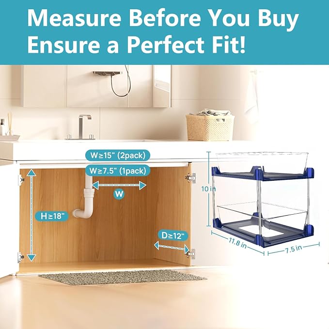 2 Pack Bathroom Organizer,2 Tier Blue Under Sink Organizers Vanity Countertop Storage Container,Cabinet Drawers Bins, Pull-Out Organization with Track for Pantry, Kitchen