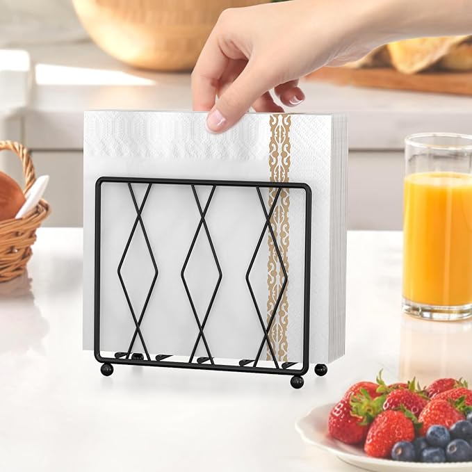 Napkin Holder for Table, Modern Metal Napkin Holders for Paper Napkins & Kitchen Dining & Countertops, Cocktail Upright Napkin Holder Dispenser Suitable for All Room Decors (Large, Black)