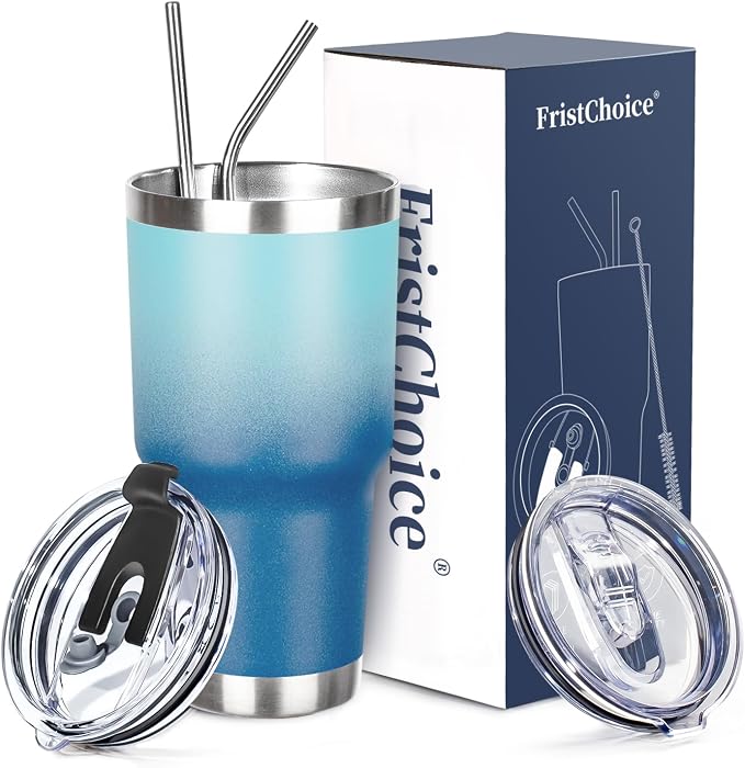 30 oz Tumbler with Lids and Straws Double Wall Vacuum Insulated Tumbler Cup,Stainless Steel Leak-proof Thermal Tumbler Travel Coffee Mug for Cold and Hot Drinks,Gradient Blue