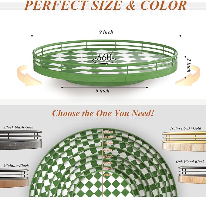 Premium Rubber Wood Lazy Susan Turntable, Green White Checkerboard Decorative Serving Tray, Hand-Welded Metal Railing, Stable Rotating Organizer for Dining Table, Kitchen Counter, Coffee Table Decor