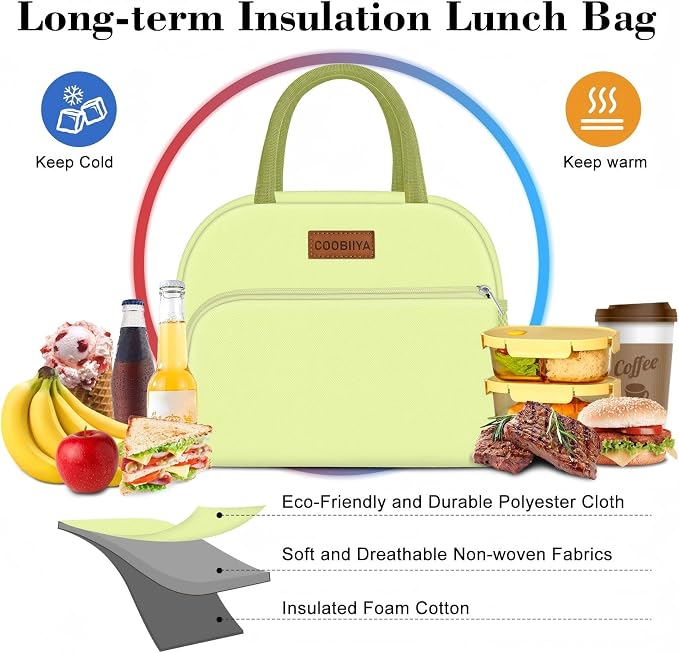 Coobiiya Insulated Lunch Bag Women/Men, Taslon Leakproof Thermal Lunch Box for Women Men, Cute Waterproof Cooler Bag for Work Picnic Travel