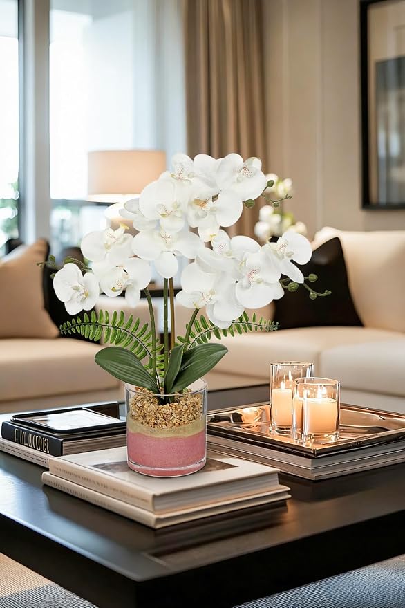 Oairse White Orchids Artificial Flowers with Vase Faux Orchids Plant in Pot | 17.7" Phalaenopsis Orchid Flower Arrangements White Centerpiece for Kitchen Dining Room Table Bathroom Shelf Desk Decor