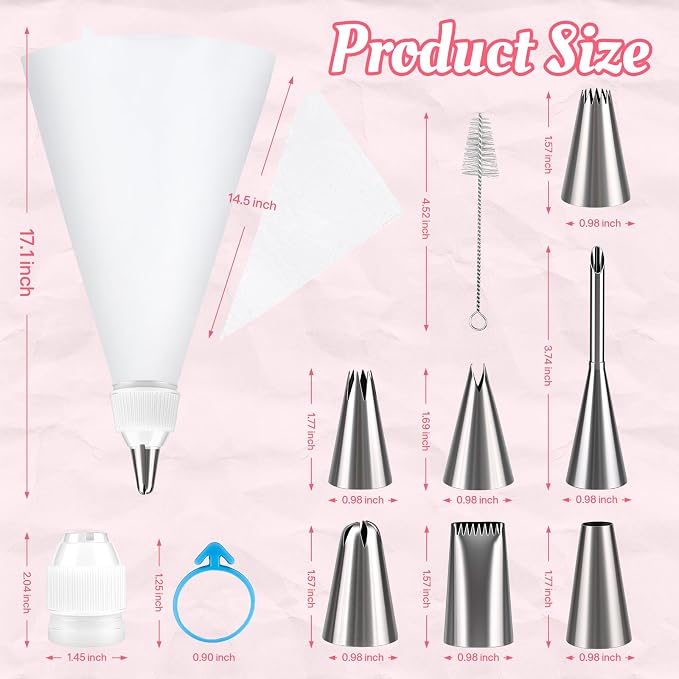 Cleangor Piping Bags and Tips Set, 16 Inch 114 Pcs Cake Decorating Kit | with 100 Disposable Icing Bags, 2 Reusable Pastry Bags, 7 Stainless Steel Frosting Tips, 2 Couplers, 2 Bag Ties and 1 Brush