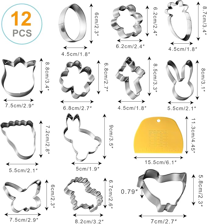 Easter Cookie Cutter Set, 12 PCS Easter Cookie Cutters for Baking, Stainless Steel Spring Cookie Molds - Rabbit, Egg, Chick, Butterfly, Carrot