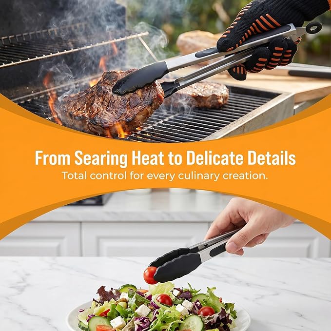 Kitchen Tongs for Cooking, Set of 4 with Oil Brush (7" 9" 12"), Heat Resistant 572°F Stainless Steel, Heavy Duty Metal Locking Tongs with Silicone Tips, Black, BBQ Grilling Dishwasher Safe