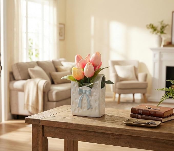 Spring Decor, Artificial Tulips in Ceramic Vase Spring Easter Table Centerpiece for Home Indoor Table Shelf Mantel Living Room Bathroom Bedroom Dining Coffee Bar Kitchen Decoration